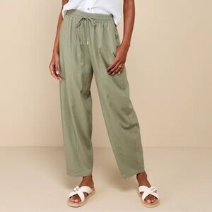 Lulu’s Trending Cool Olive Green Linen Barrel Leg Drawstring Pants